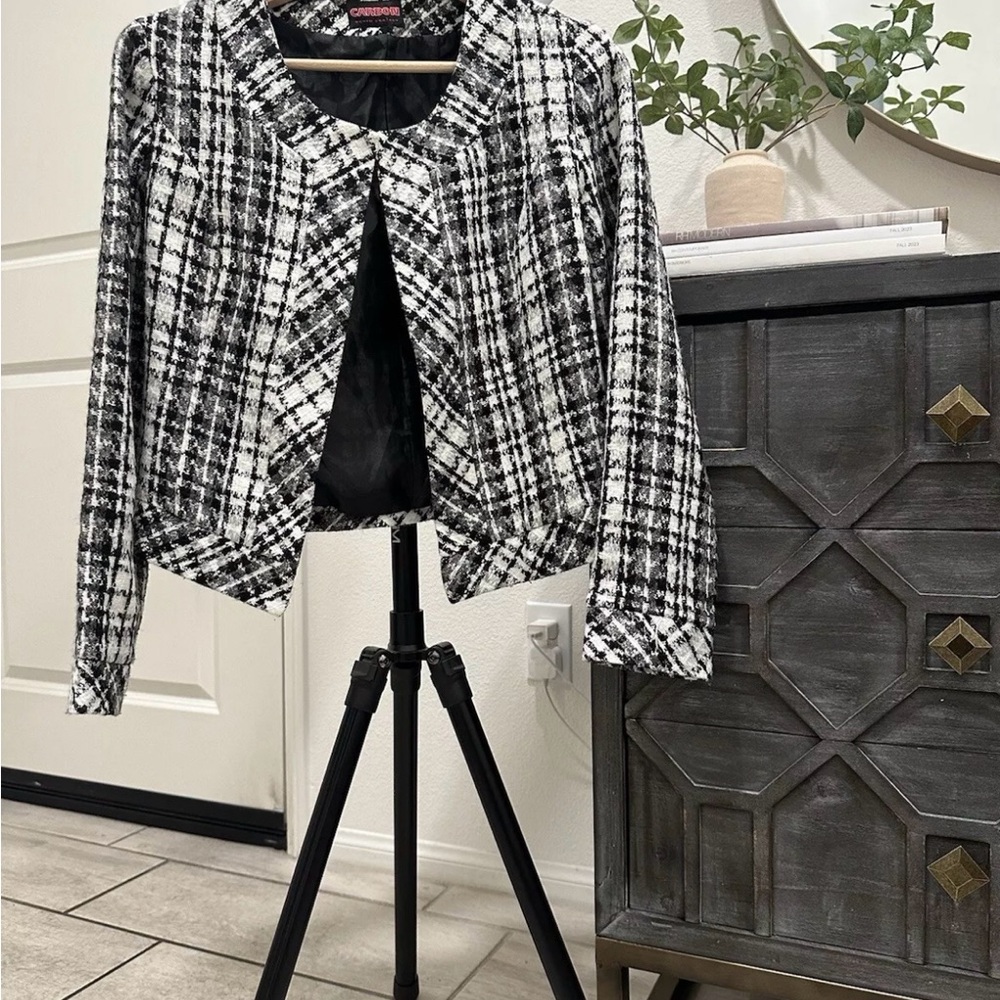 CARBON Tweed Summer Black and White Plaid Blazer Houndstooth Classic Workwear
